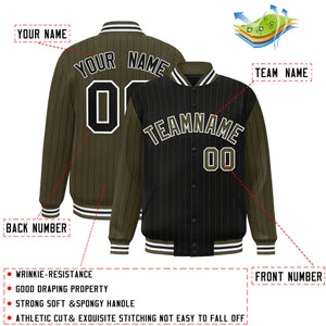 Custom Black Olive Raglan Sleeves Varsity Full-Snap Pinstripe Letterman Baseball Jacket