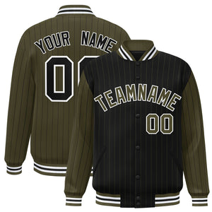 Custom Black Olive Raglan Sleeves Varsity Full-Snap Pinstripe Letterman Baseball Jacket