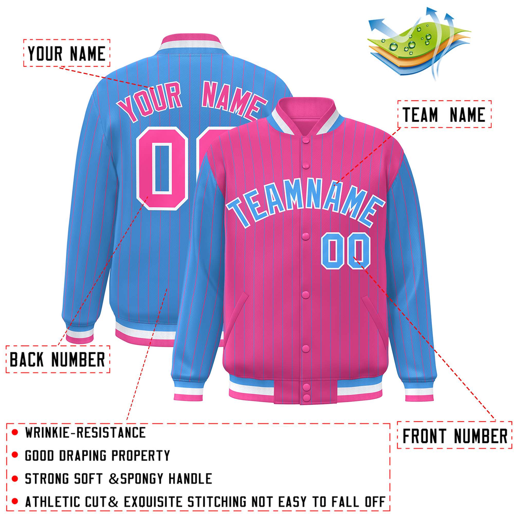 Custom Pink Powder Blue Raglan Sleeves Varsity Full-Snap Pinstripe Letterman Baseball Jacket