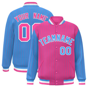 Custom Pink Powder Blue Raglan Sleeves Varsity Full-Snap Pinstripe Letterman Baseball Jacket