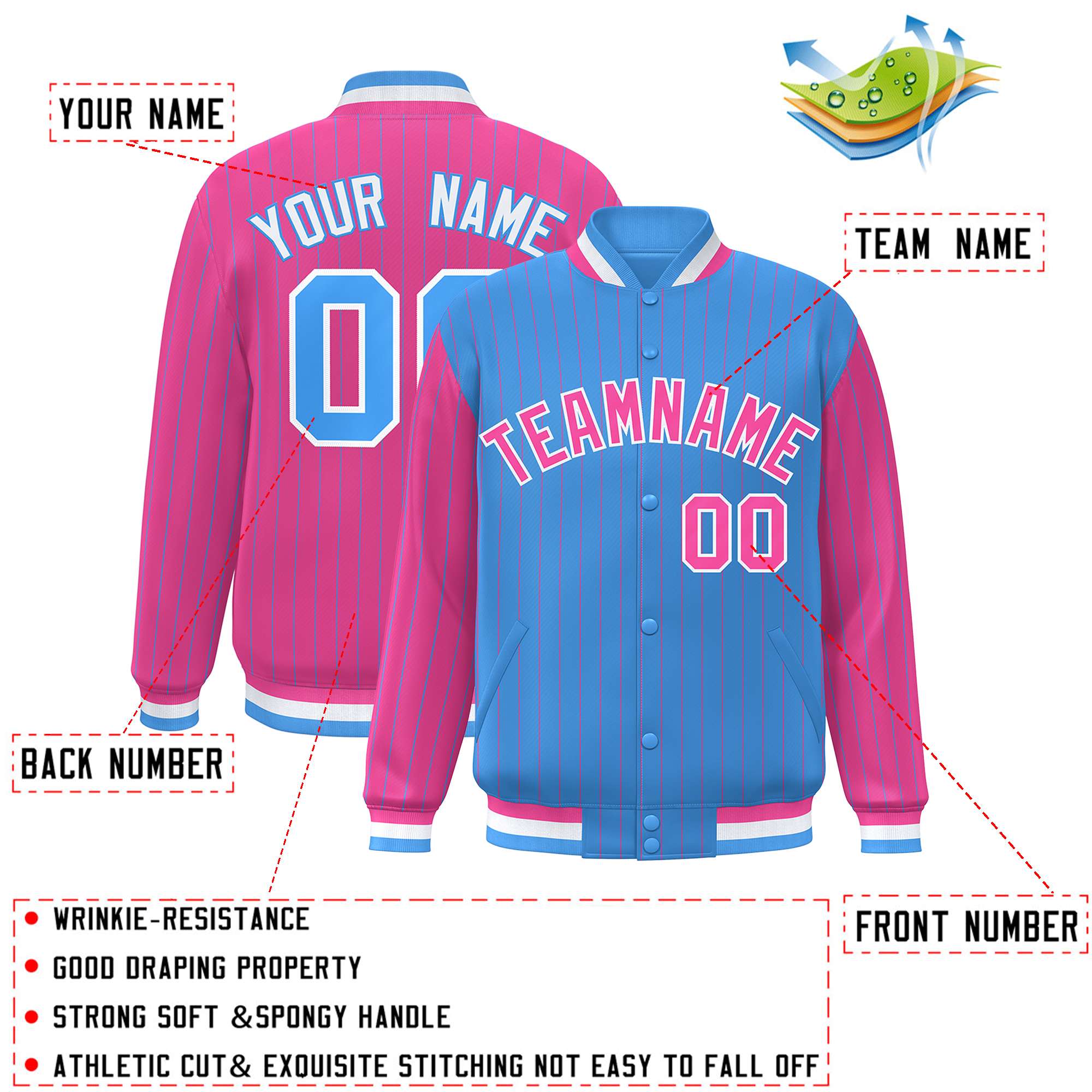 Custom Powder Blue Pink Raglan Sleeves Varsity Full-Snap Pinstripe Letterman Baseball Jacket