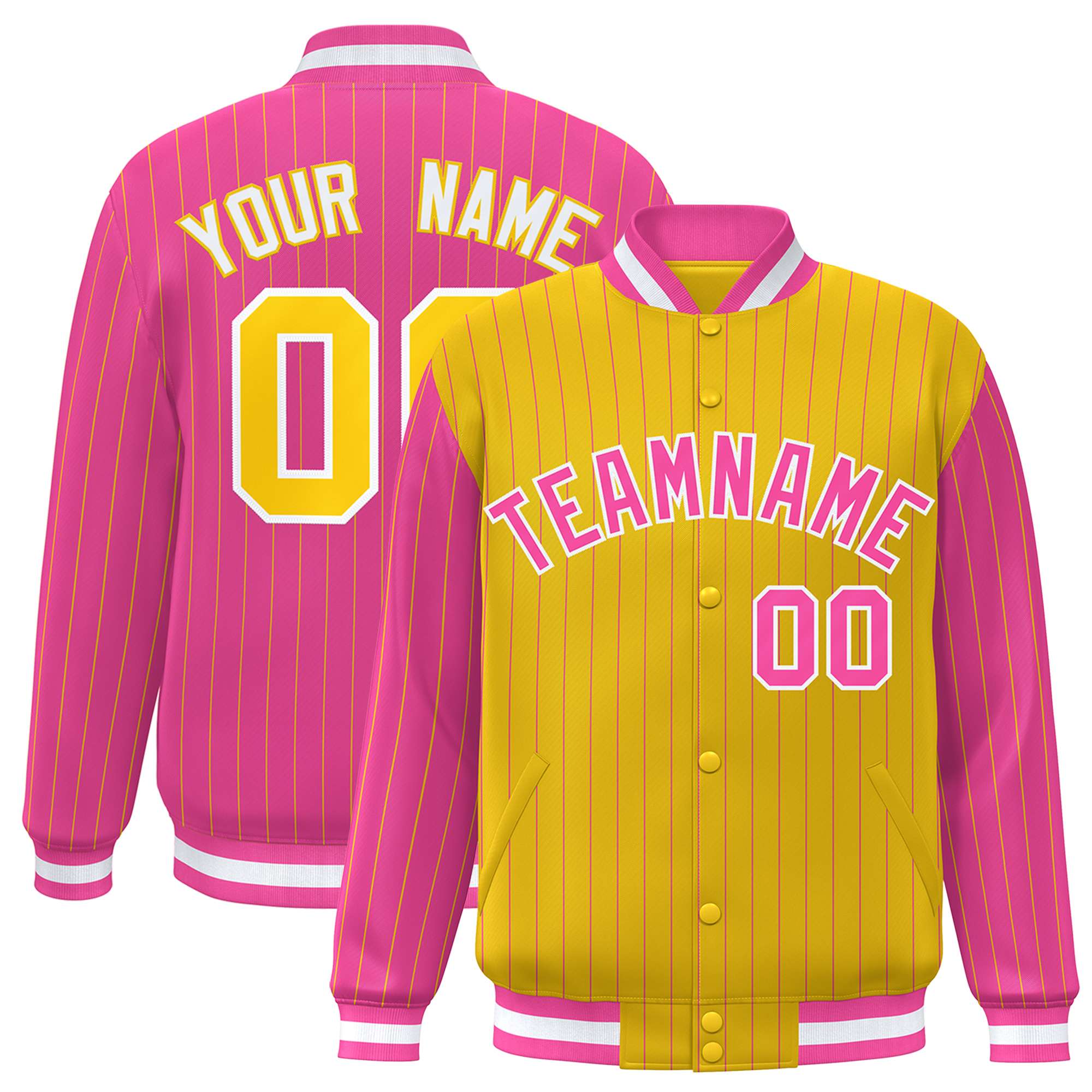 Custom Gold Pink Raglan Sleeves Varsity Full-Snap Pinstripe Letterman Baseball Jacket