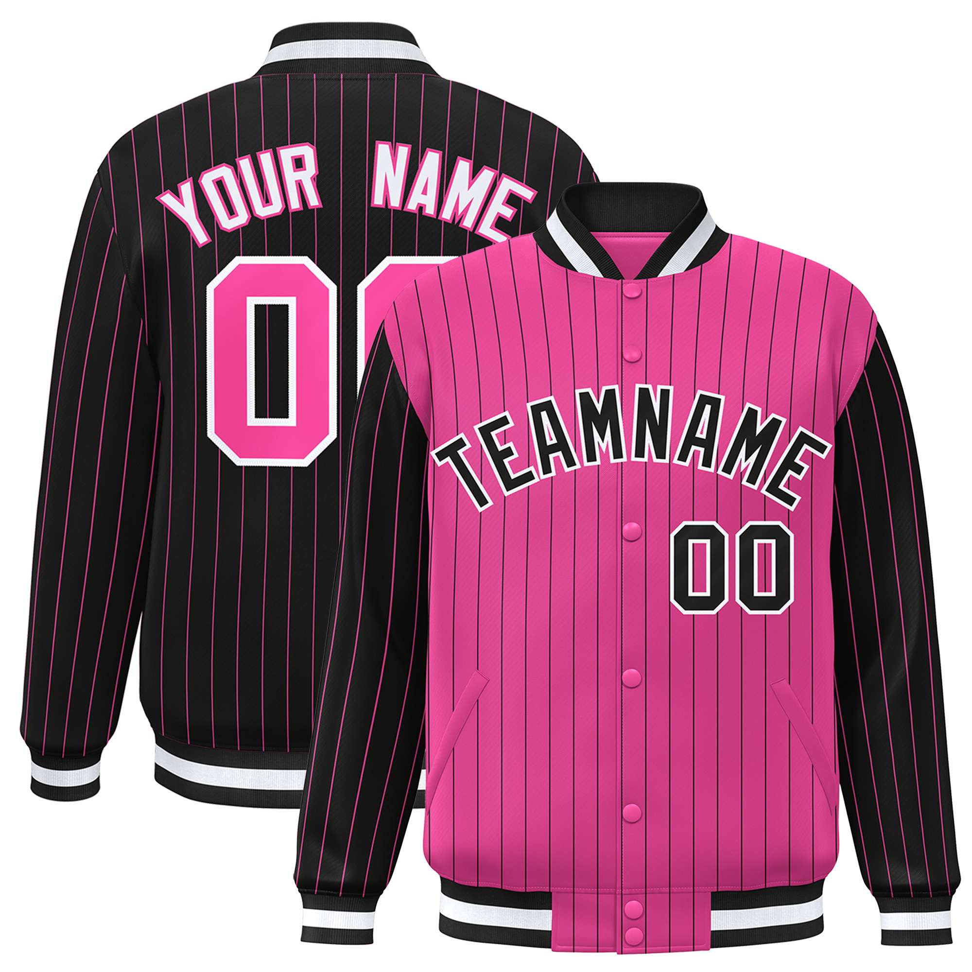 Custom Pink Black Raglan Sleeves Varsity Full-Snap Pinstripe Letterman Baseball Jacket