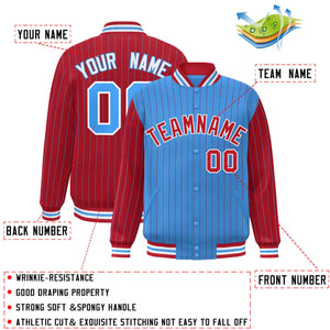 Custom Powder Blue Red Raglan Sleeves Varsity Full-Snap Pinstripe Letterman Baseball Jacket