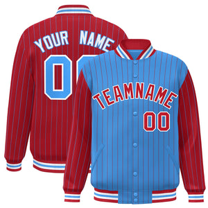 Custom Powder Blue Red Raglan Sleeves Varsity Full-Snap Pinstripe Letterman Baseball Jacket