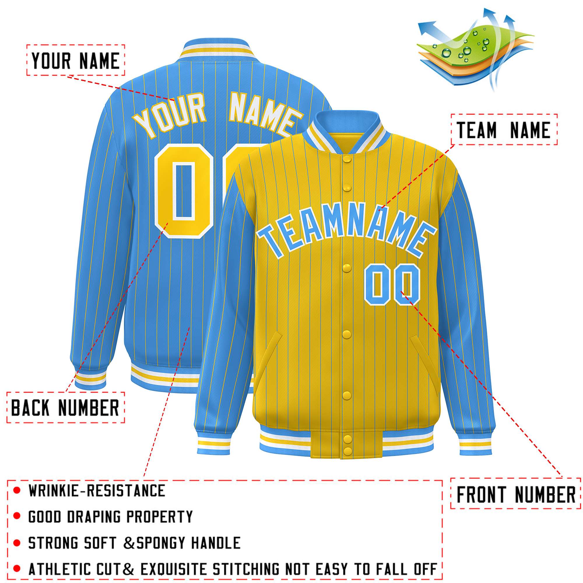 Custom Gold Powder Blue Raglan Sleeves Varsity Full-Snap Pinstripe Letterman Baseball Jacket