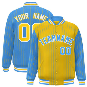 Custom Gold Powder Blue Raglan Sleeves Varsity Full-Snap Pinstripe Letterman Baseball Jacket