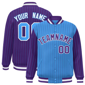 Custom Powder Blue Purple Raglan Sleeves Varsity Full-Snap Pinstripe Letterman Baseball Jacket