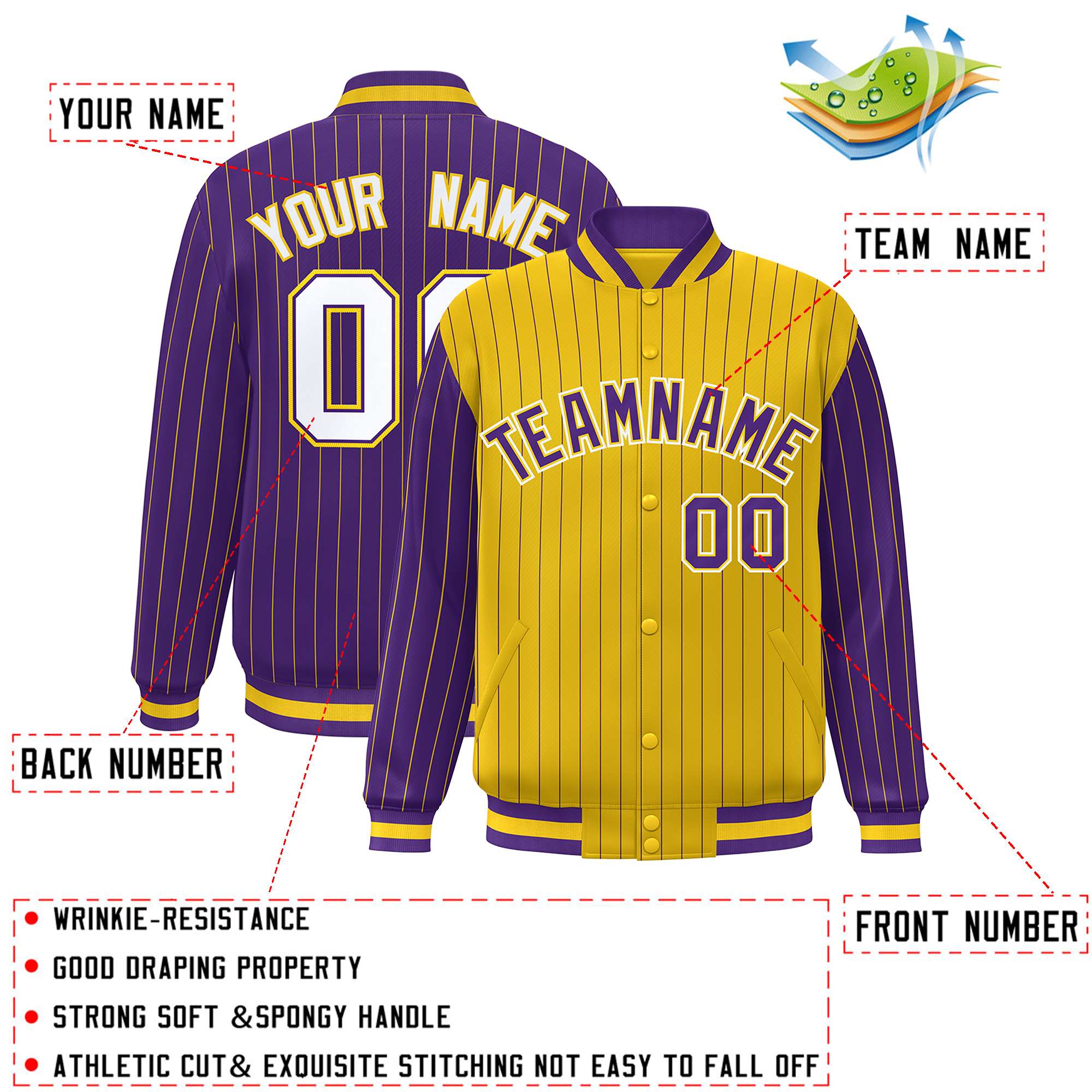 Custom Gold Purple Raglan Sleeves Varsity Full-Snap Pinstripe Letterman Baseball Jacket