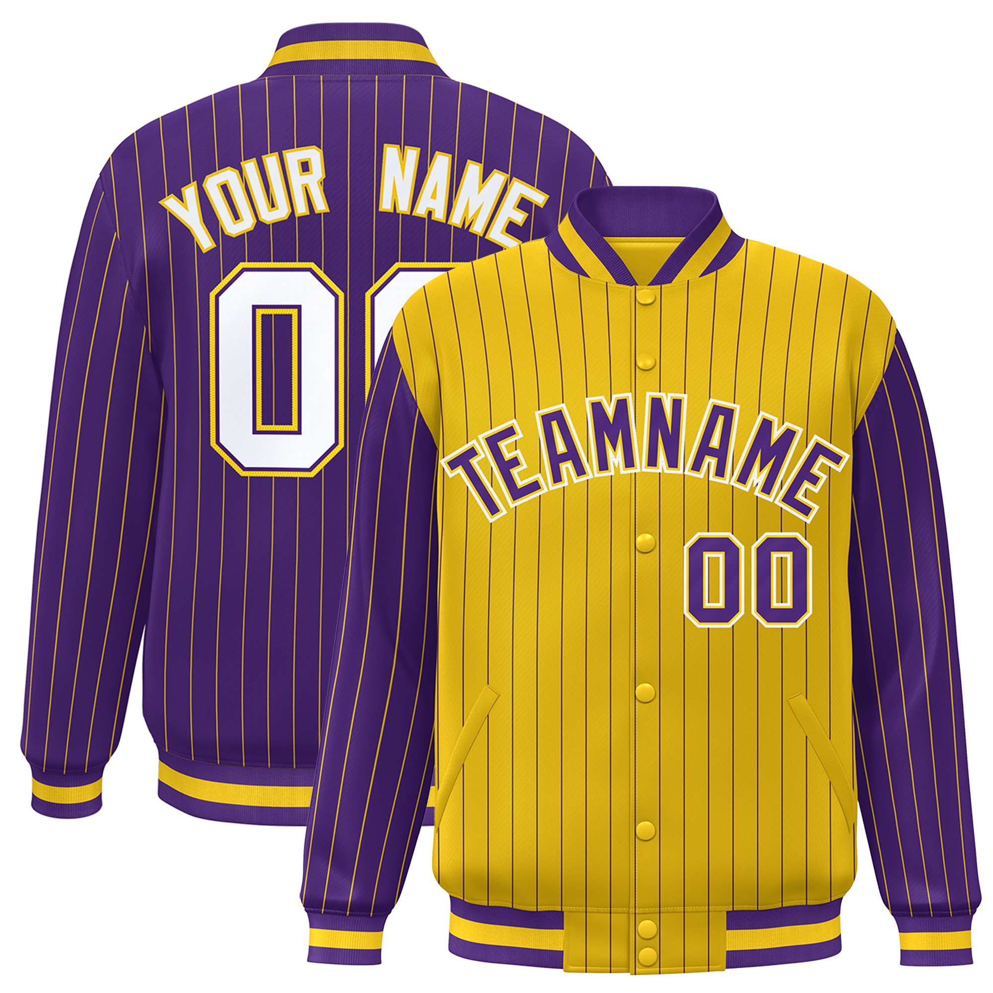 Custom Gold Purple Raglan Sleeves Varsity Full-Snap Pinstripe Letterman Baseball Jacket