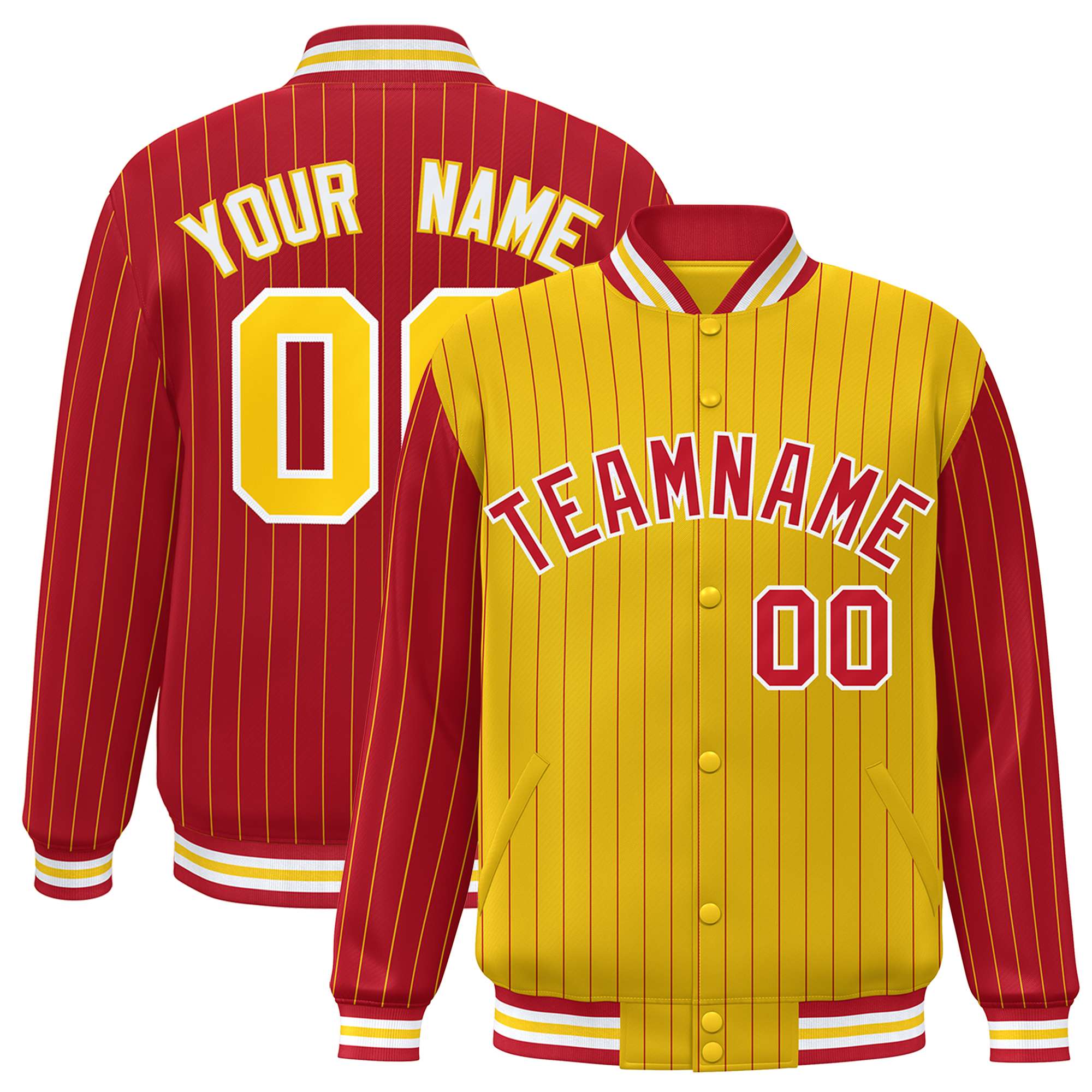 Custom Gold Red Raglan Sleeves Varsity Full-Snap Pinstripe Letterman Baseball Jacket