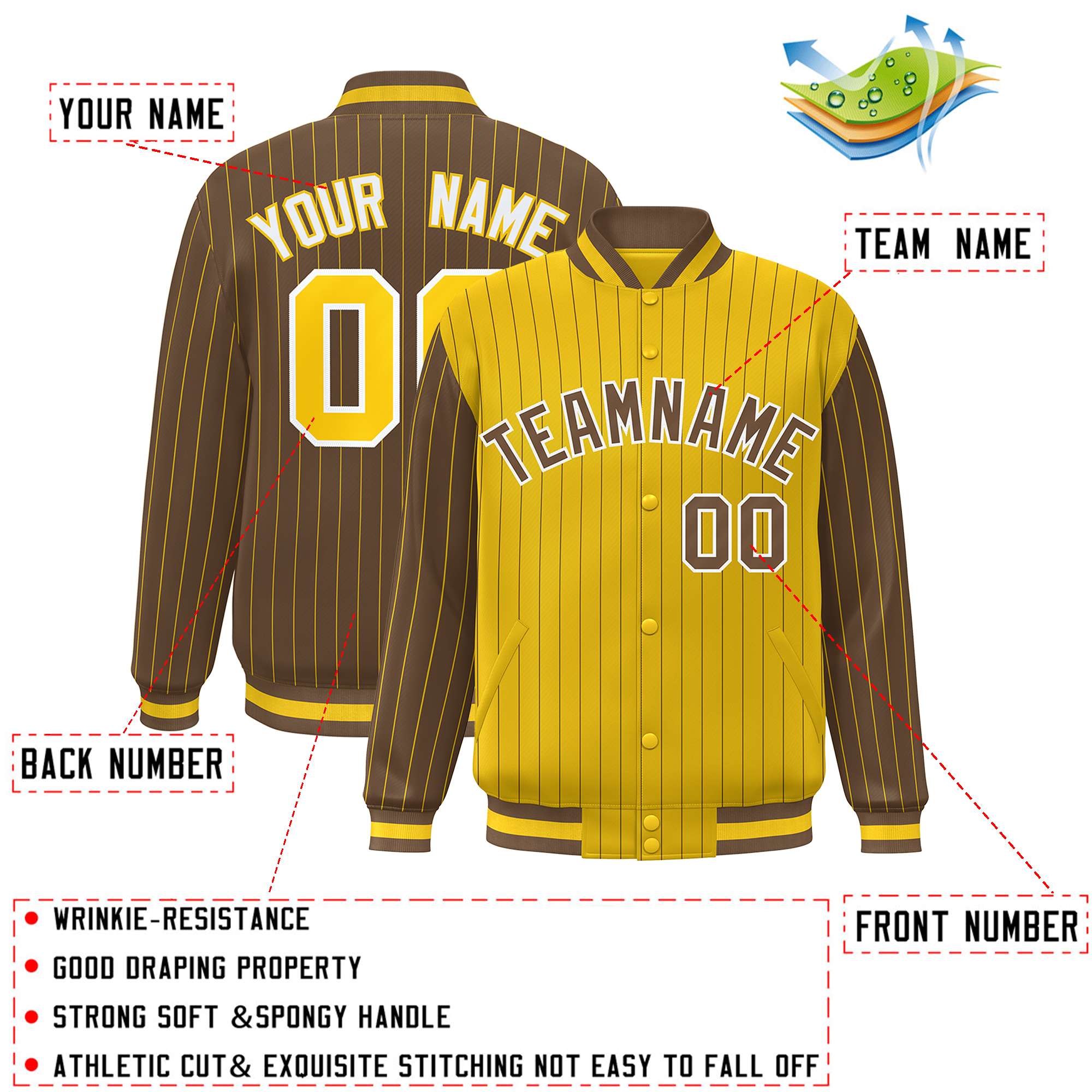 Custom Gold Light Brown Raglan Sleeves Varsity Full-Snap Pinstripe Letterman Baseball Jacket