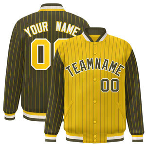 Custom Gold Olive Raglan Sleeves Varsity Full-Snap Pinstripe Letterman Baseball Jacket