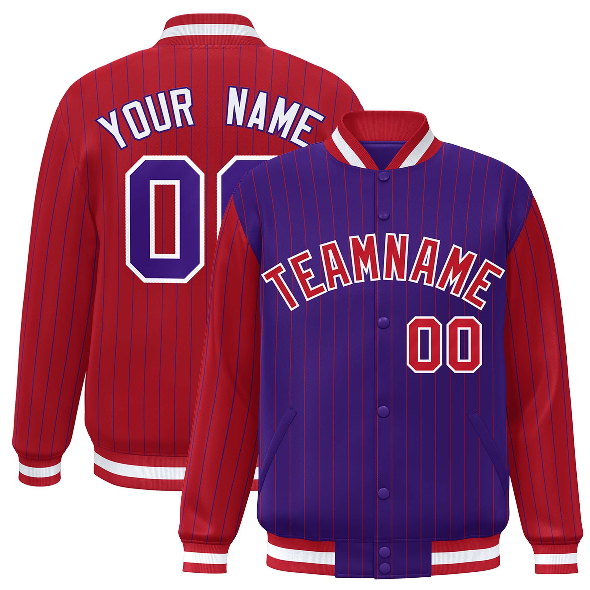 Custom Purple Red Raglan Sleeves Varsity Full-Snap Pinstripe Letterman Baseball Jacket