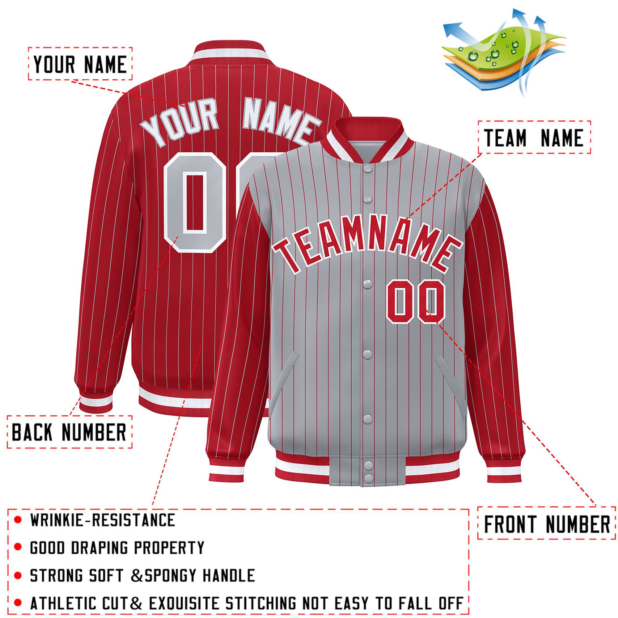 Custom Gray Red Raglan Sleeves Varsity Full-Snap Pinstripe Letterman Baseball Jacket