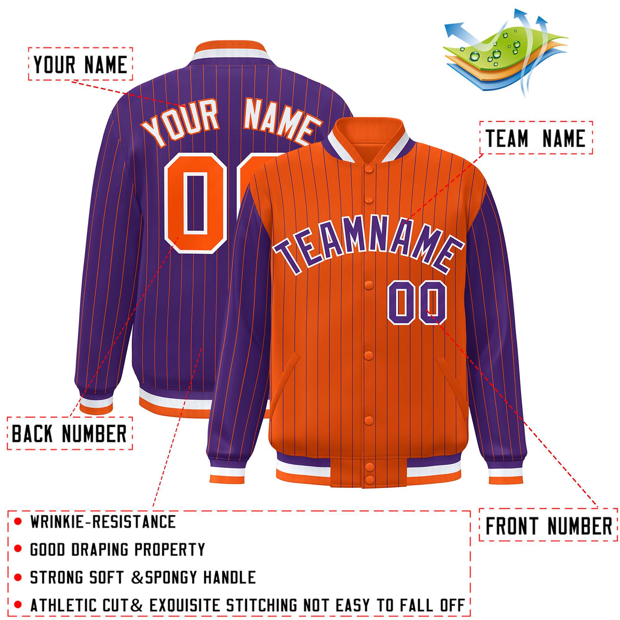 Custom Orange Purple Raglan Sleeves Varsity Full-Snap Pinstripe Letterman Baseball Jacket