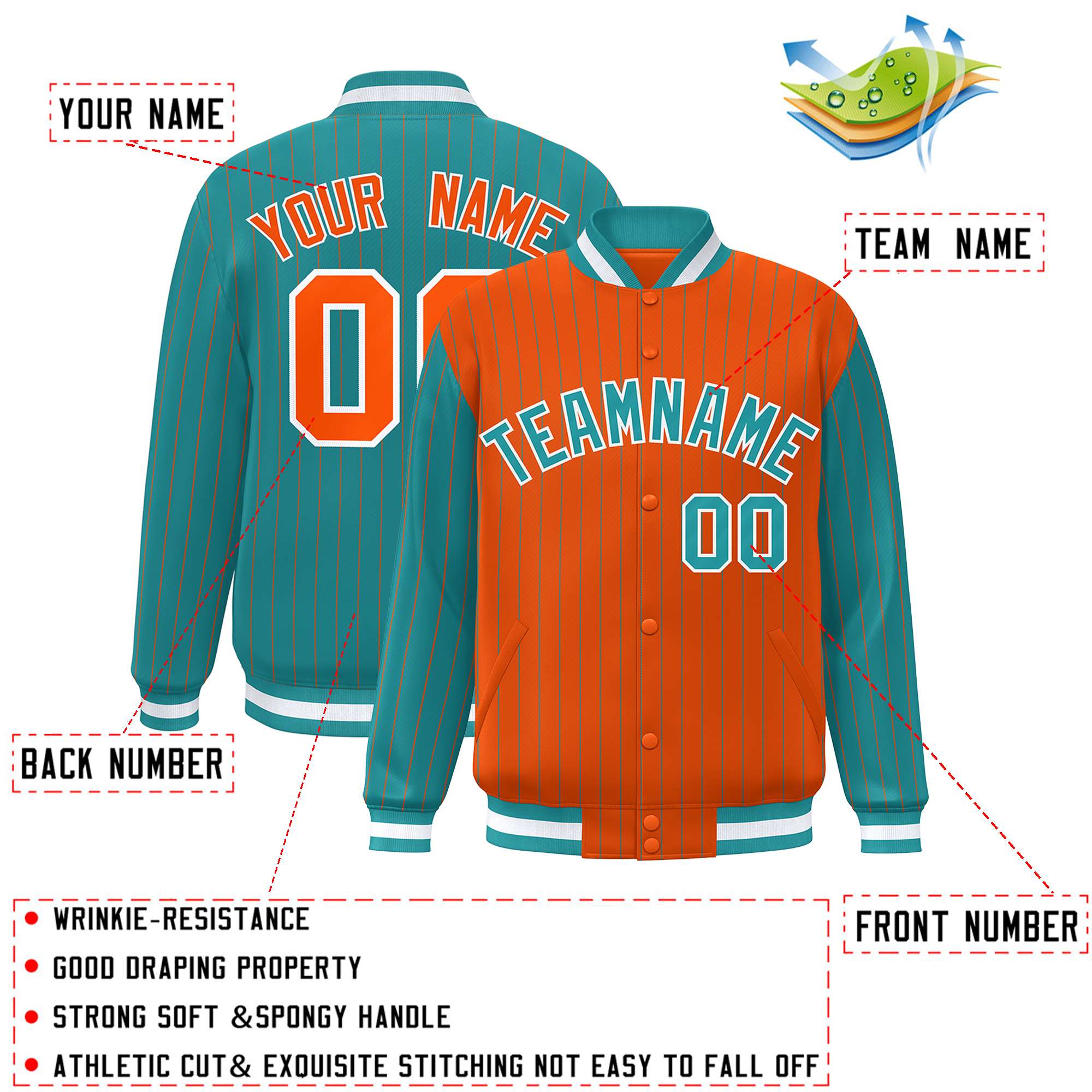 Custom Orange Aqua Raglan Sleeves Varsity Full-Snap Pinstripe Letterman Baseball Jacket