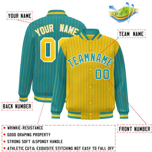 Custom Gold Aqua Raglan Sleeves Varsity Full-Snap Pinstripe Letterman Baseball Jacket