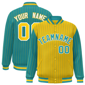 Custom Gold Aqua Raglan Sleeves Varsity Full-Snap Pinstripe Letterman Baseball Jacket