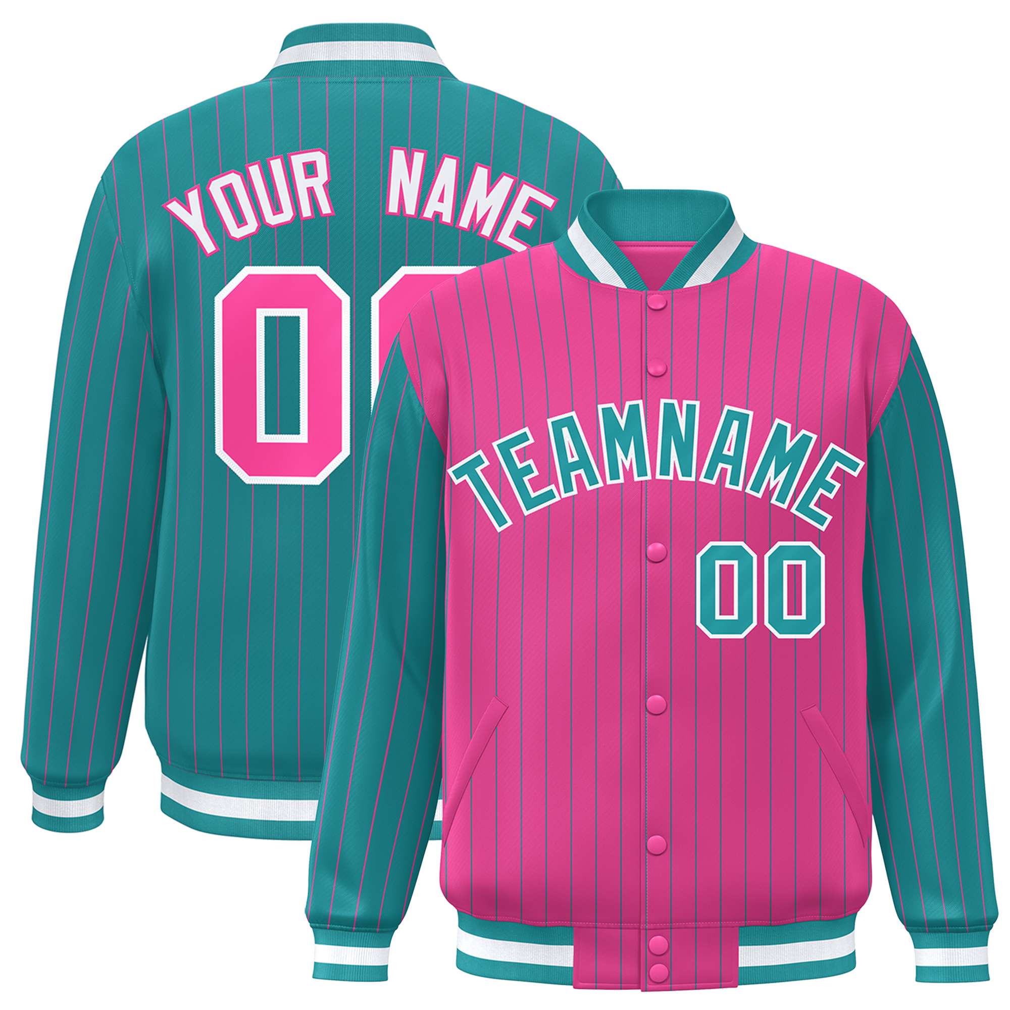 Custom Pink Aqua Raglan Sleeves Varsity Full-Snap Pinstripe Letterman Baseball Jacket