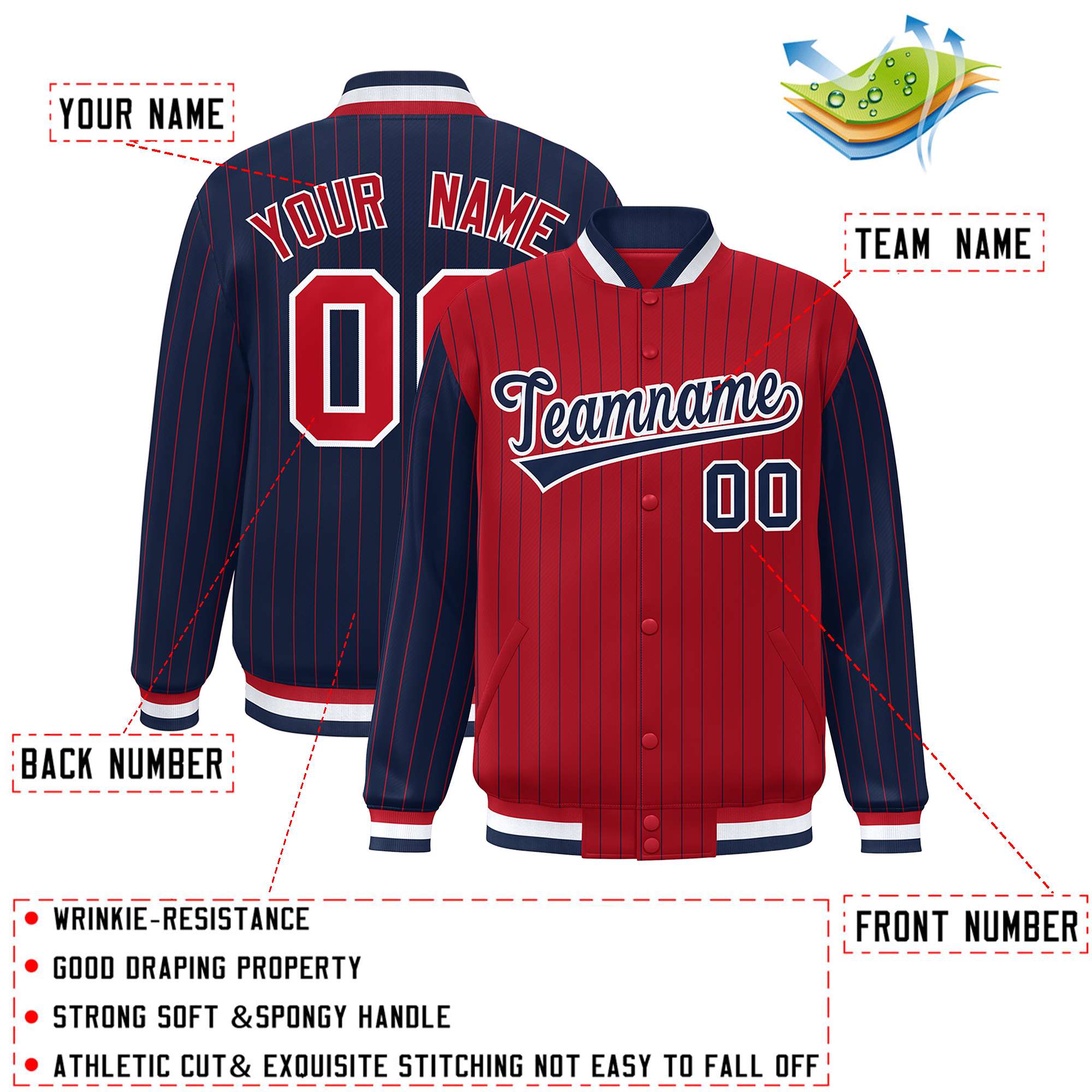 Custom Red Navy Raglan Sleeves Varsity Full-Snap Pinstripe Letterman Baseball Jacket