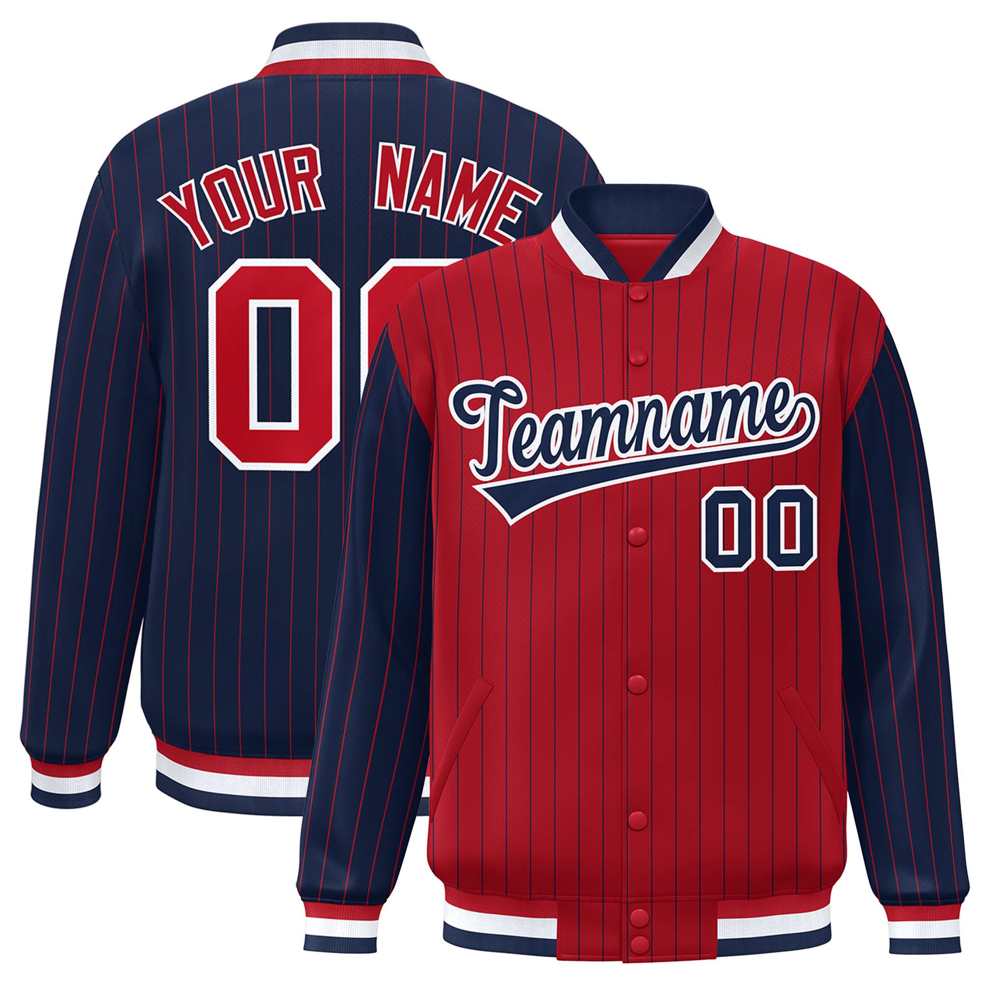 Custom Red Navy Raglan Sleeves Varsity Full-Snap Pinstripe Letterman Baseball Jacket