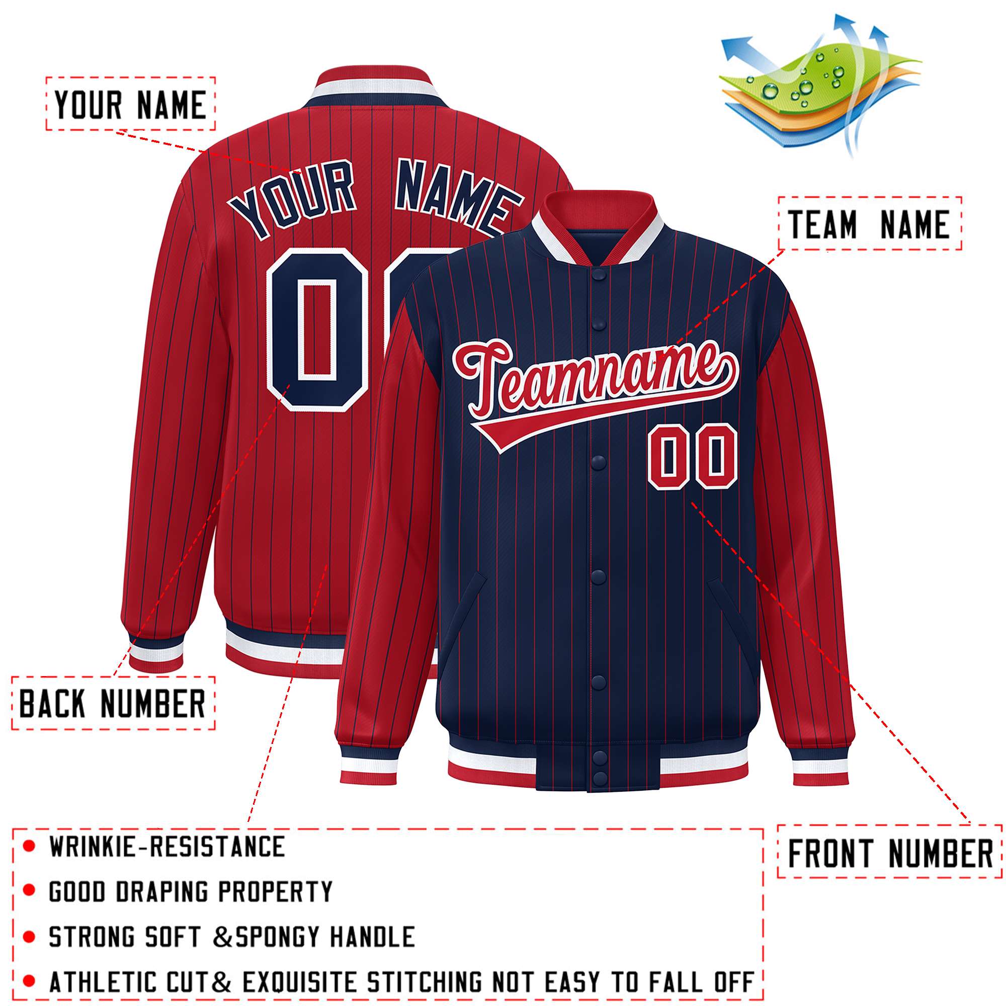 Custom Navy Red Raglan Sleeves Varsity Full-Snap Pinstripe Letterman Baseball Jacket