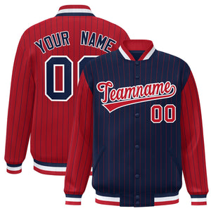 Custom Navy Red Raglan Sleeves Varsity Full-Snap Pinstripe Letterman Baseball Jacket