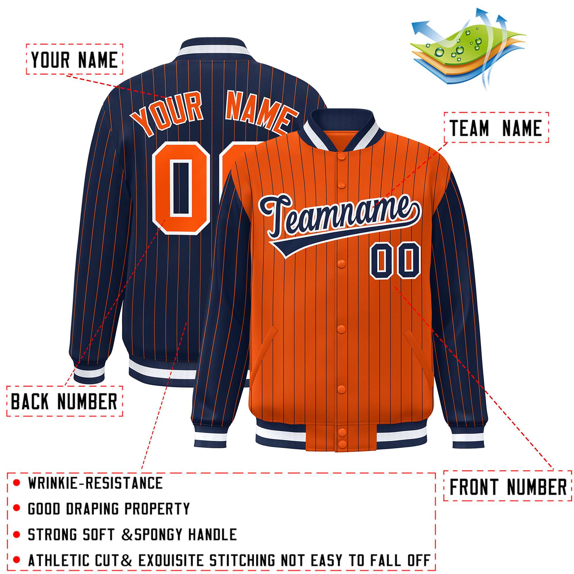 Custom Orange Navy Raglan Sleeves Varsity Full-Snap Pinstripe Letterman Baseball Jacket