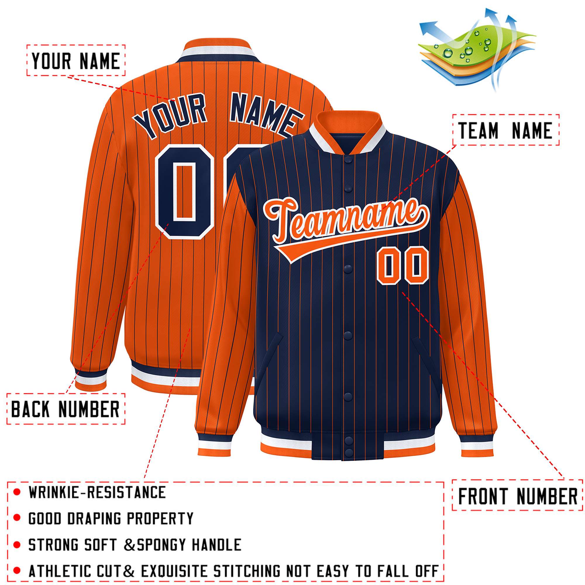 Custom Navy Orange Raglan Sleeves Varsity Full-Snap Pinstripe Letterman Baseball Jacket