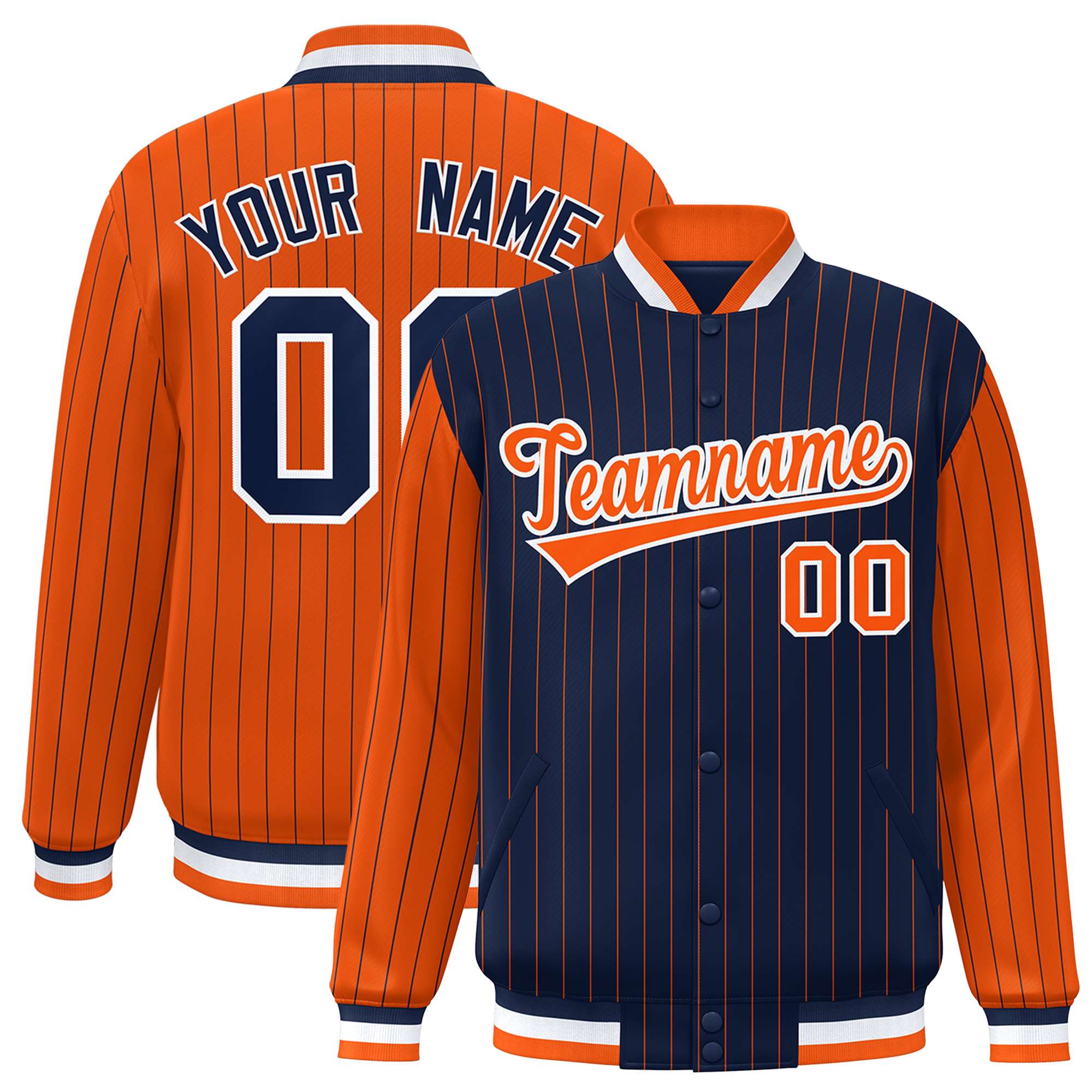 Custom Navy Orange Raglan Sleeves Varsity Full-Snap Pinstripe Letterman Baseball Jacket