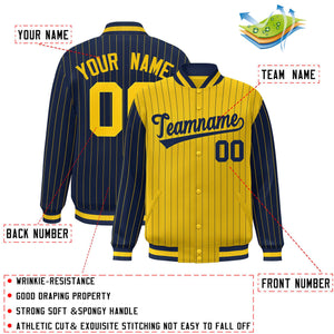 Custom Gold Navy Raglan Sleeves Varsity Full-Snap Pinstripe Letterman Baseball Jacket