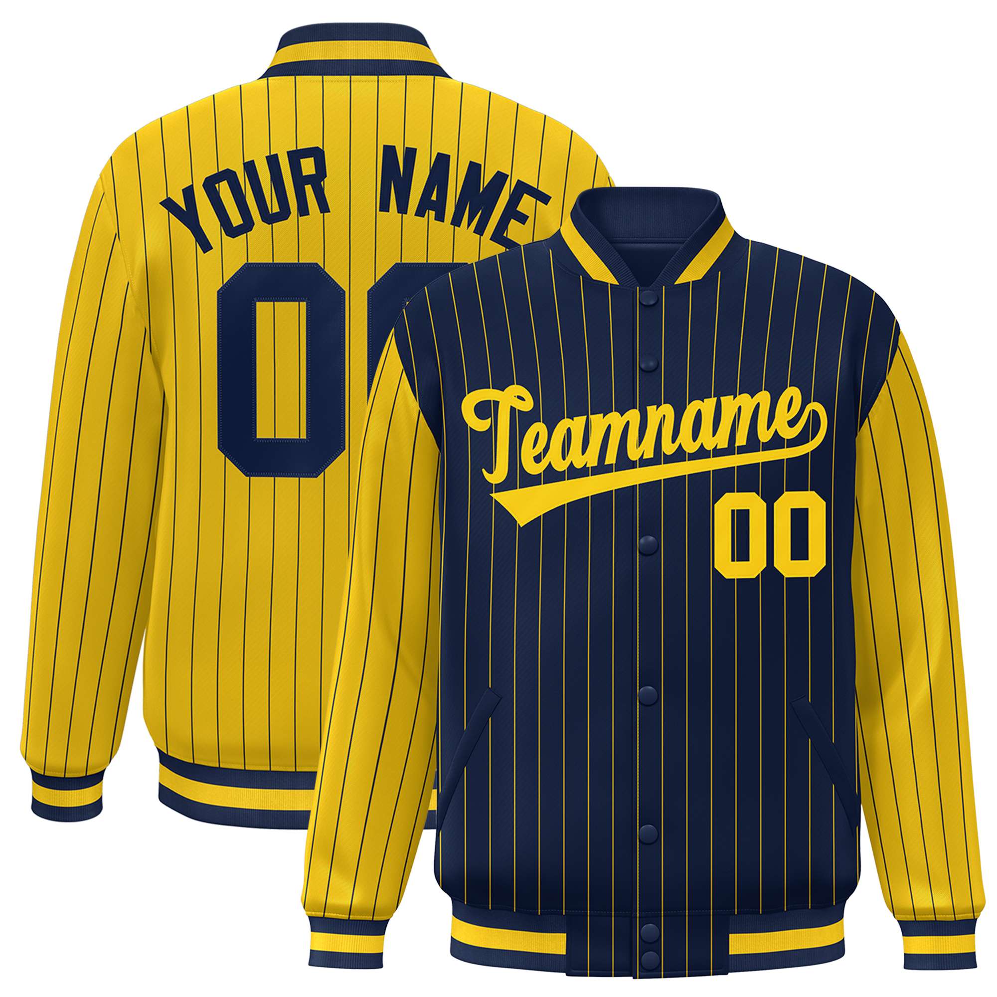 Custom Navy Gold Raglan Sleeves Varsity Full-Snap Pinstripe Letterman Baseball Jacket