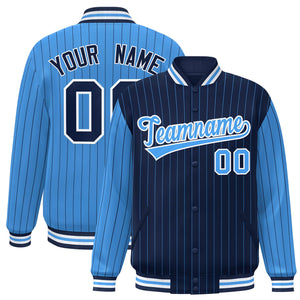 Custom Navy Powder Blue Raglan Sleeves Varsity Full-Snap Pinstripe Letterman Baseball Jacket