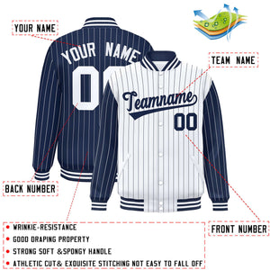 Custom White Navy Raglan Sleeves Varsity Full-Snap Pinstripe Letterman Baseball Jacket