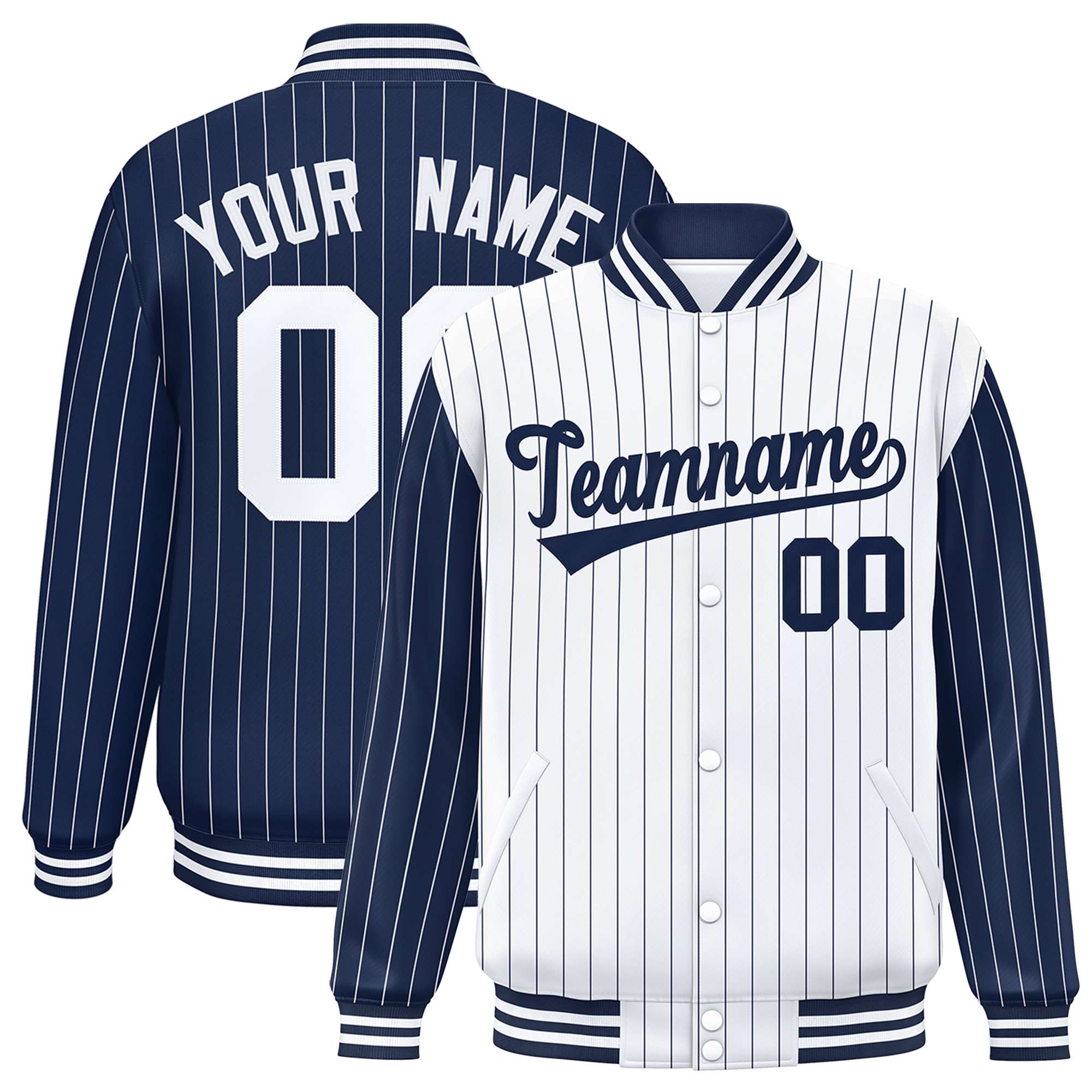 Custom White Navy Raglan Sleeves Varsity Full-Snap Pinstripe Letterman Baseball Jacket