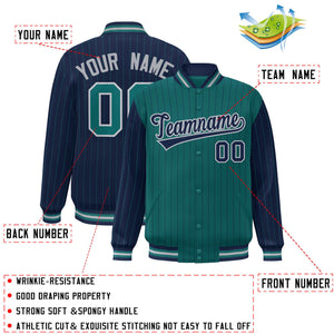 Custom Aqua Navy Raglan Sleeves Varsity Full-Snap Pinstripe Letterman Baseball Jacket