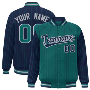 Custom Aqua Navy Raglan Sleeves Varsity Full-Snap Pinstripe Letterman Baseball Jacket