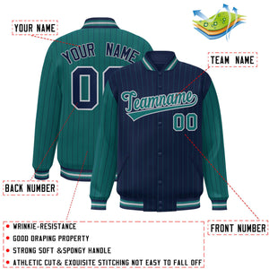 Custom Navy Aqua Raglan Sleeves Varsity Full-Snap Pinstripe Letterman Baseball Jacket