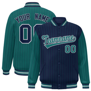 Custom Navy Aqua Raglan Sleeves Varsity Full-Snap Pinstripe Letterman Baseball Jacket