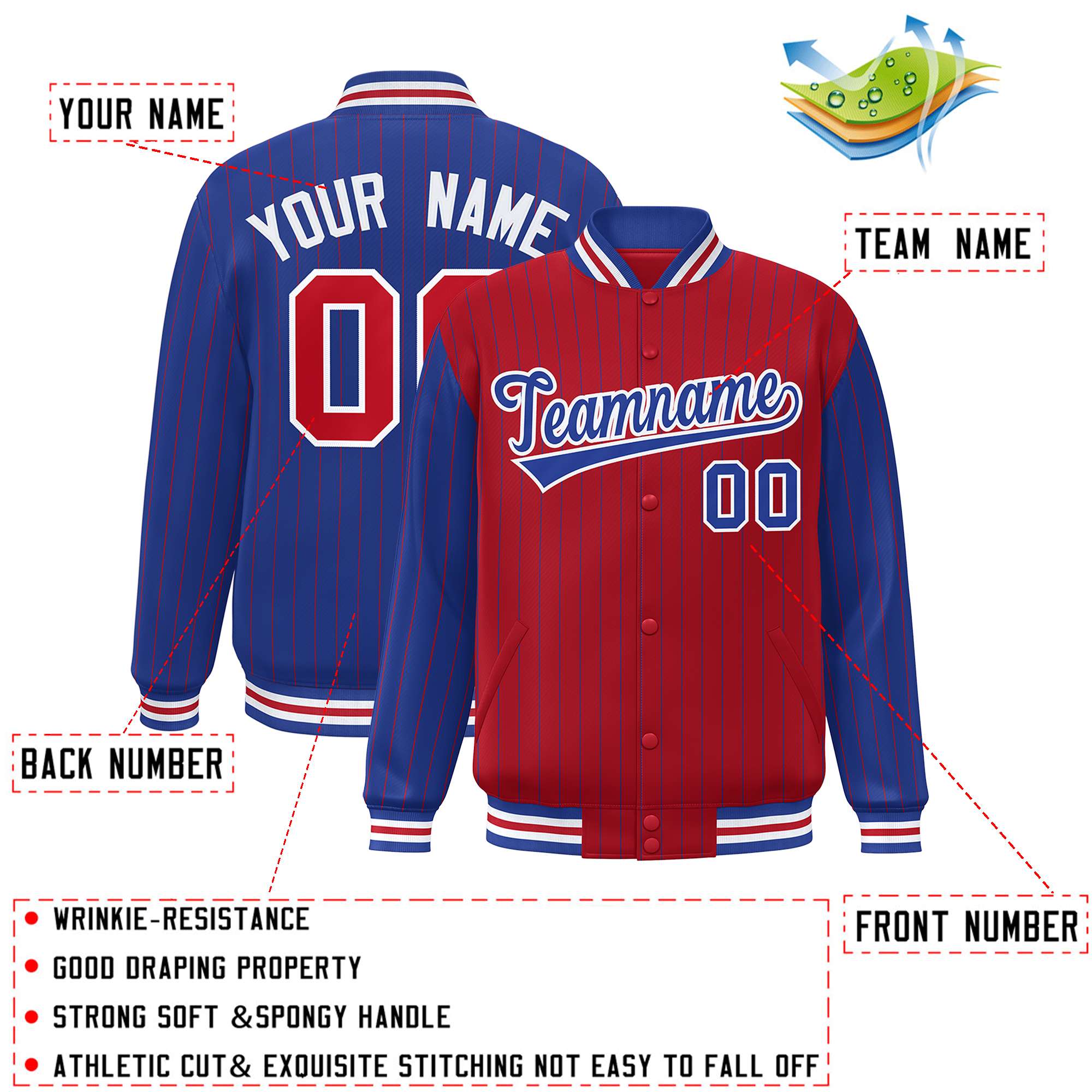 Custom Red Royal Raglan Sleeves Varsity Full-Snap Pinstripe Letterman Baseball Jacket