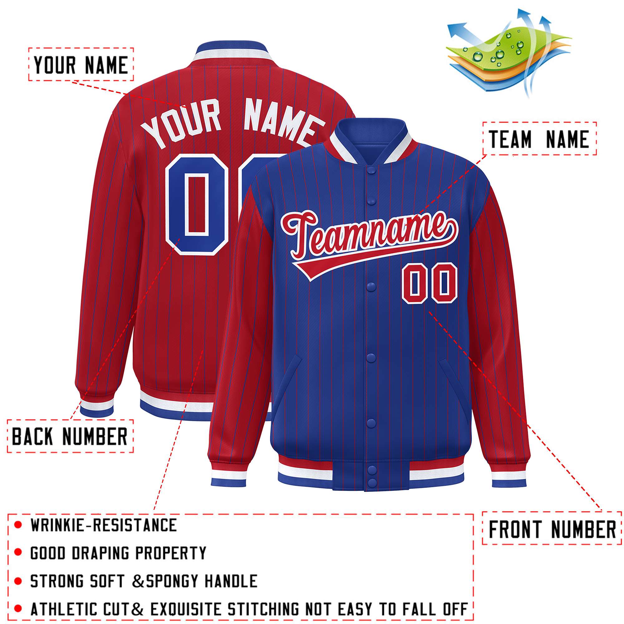 Custom Royal Red Raglan Sleeves Varsity Full-Snap Pinstripe Letterman Baseball Jacket