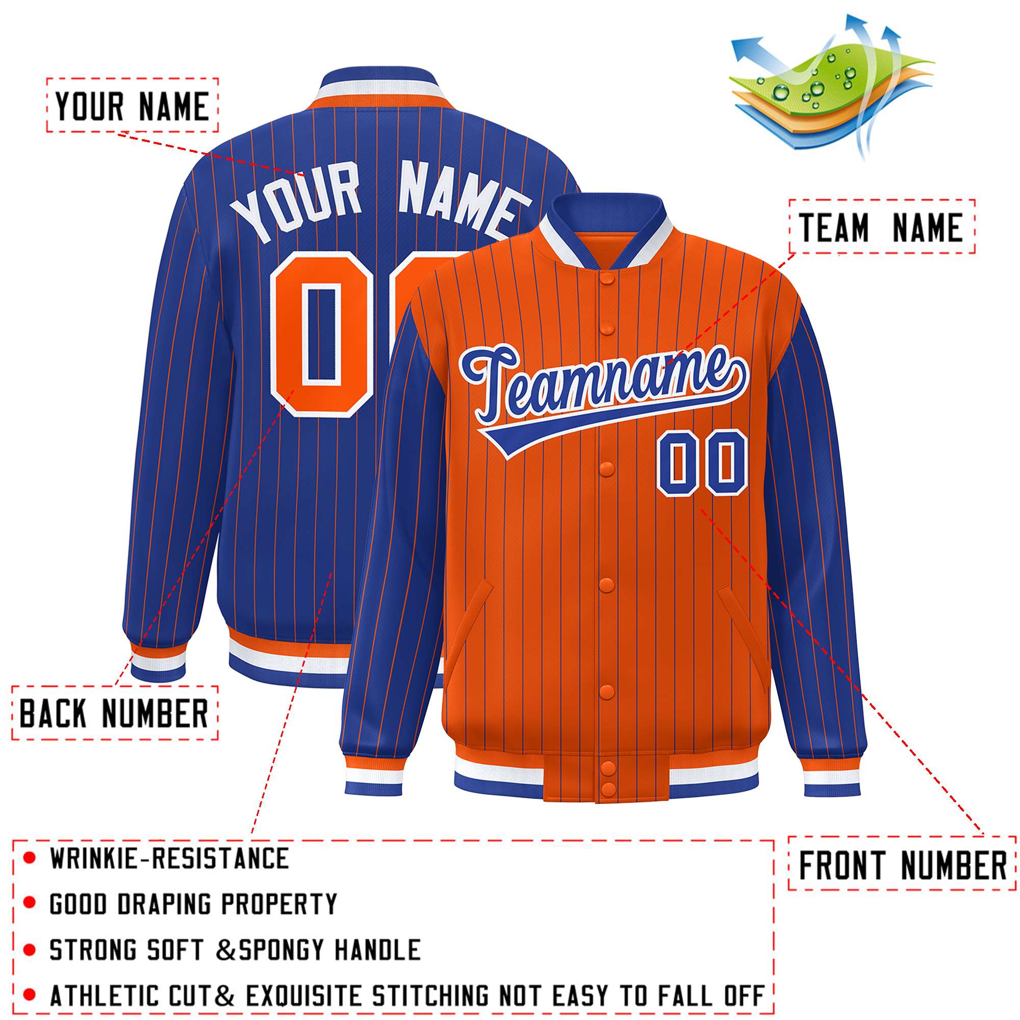 Custom Orange Royal Raglan Sleeves Varsity Full-Snap Pinstripe Letterman Baseball Jacket