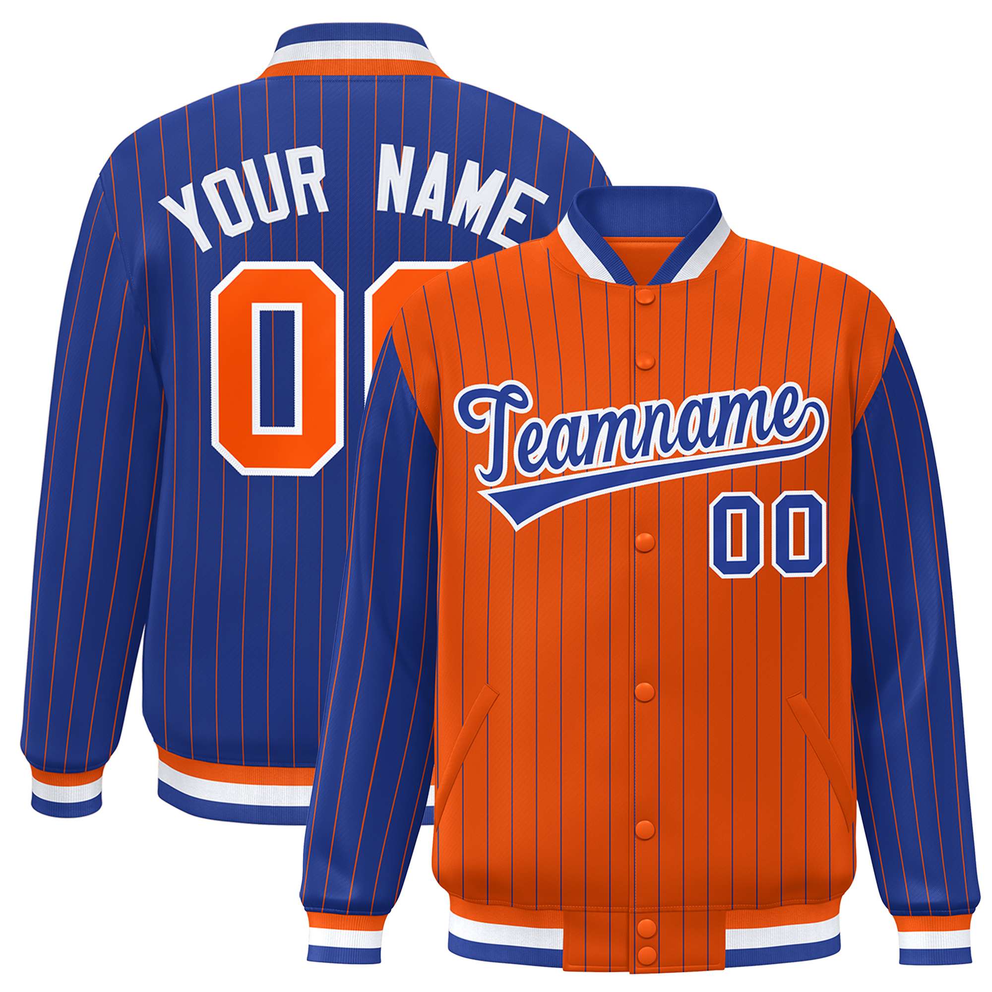 Custom Orange Royal Raglan Sleeves Varsity Full-Snap Pinstripe Letterman Baseball Jacket