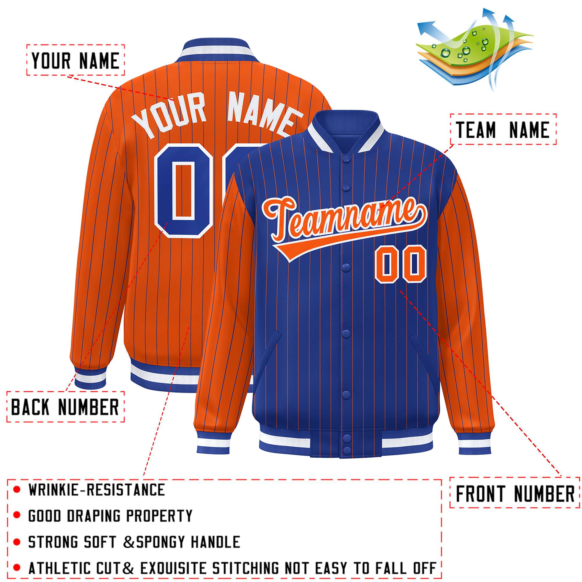 Custom Royal Orange Raglan Sleeves Varsity Full-Snap Pinstripe Letterman Baseball Jacket