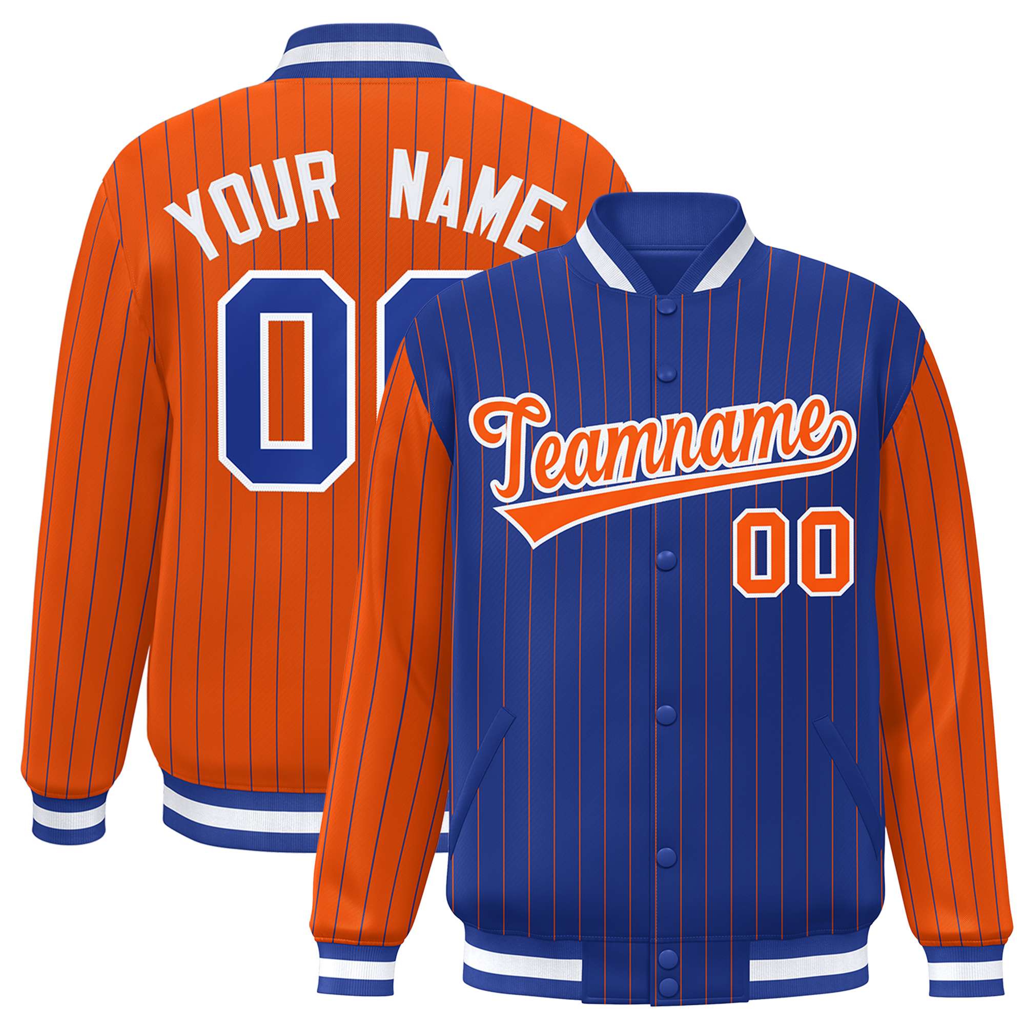 Custom Royal Orange Raglan Sleeves Varsity Full-Snap Pinstripe Letterman Baseball Jacket