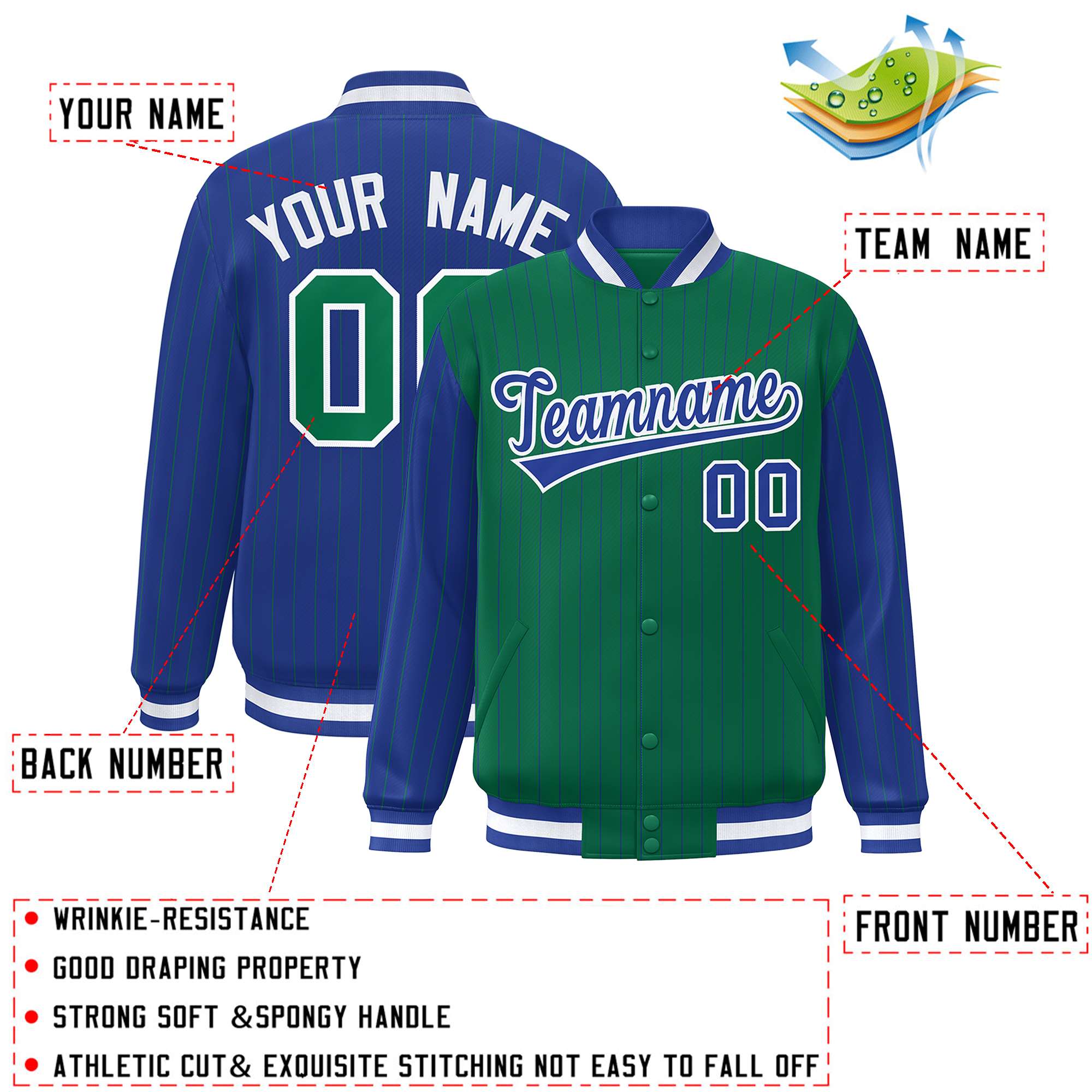 Custom Kelly Green Royal Raglan Sleeves Varsity Full-Snap Pinstripe Letterman Baseball Jacket