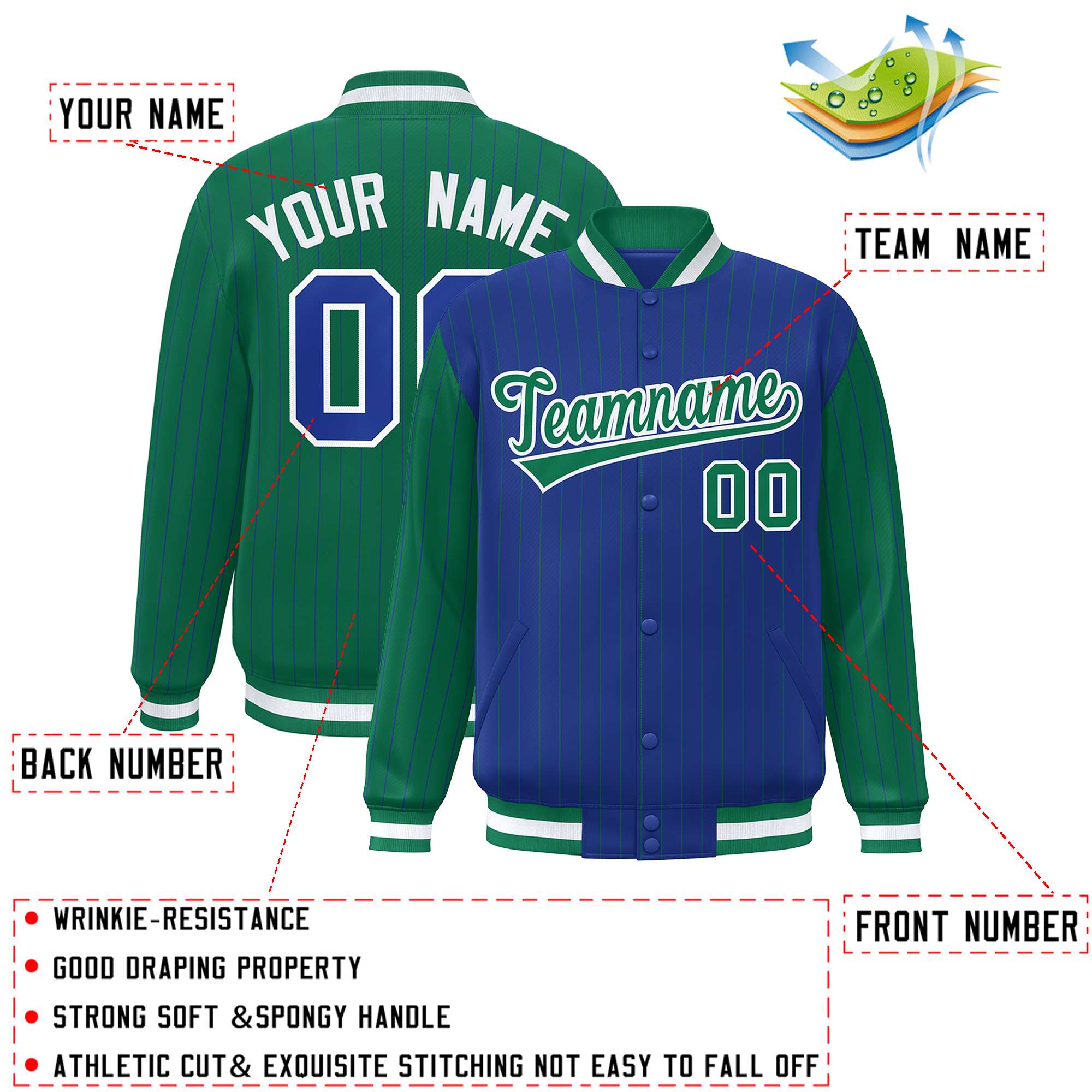 Custom Royal Kelly Green Raglan Sleeves Varsity Full-Snap Pinstripe Letterman Baseball Jacket