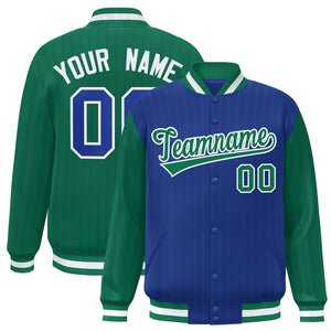 Custom Royal Kelly Green Raglan Sleeves Varsity Full-Snap Pinstripe Letterman Baseball Jacket