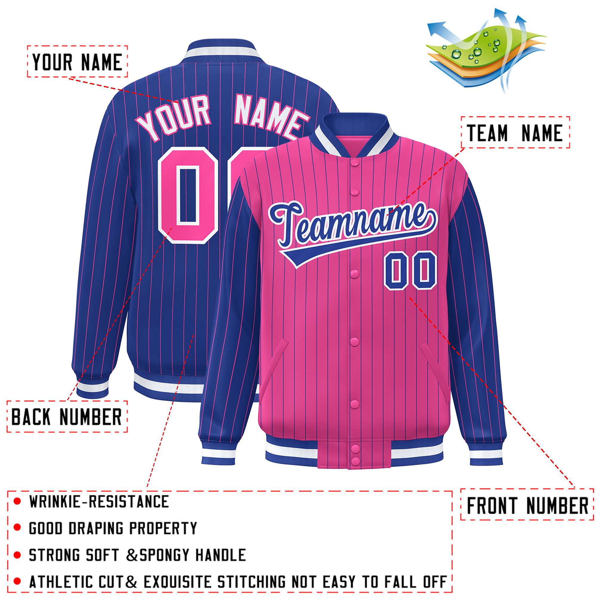 Custom Pink Royal Raglan Sleeves Varsity Full-Snap Pinstripe Letterman Baseball Jacket